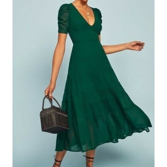 REFORMATION Emerald Green COSA Ruched Sleeve Tiered Deep V-Neck Dress 4 = S - Picture 4 of 6